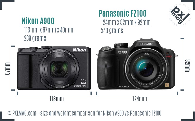 Nikon A900 vs Panasonic FZ100 size comparison