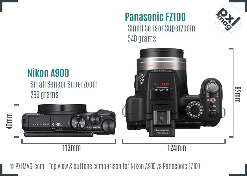 Nikon A900 vs Panasonic FZ100 top view buttons comparison