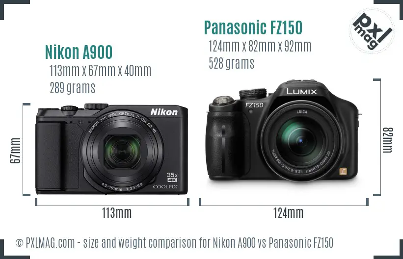 Nikon A900 vs Panasonic FZ150 size comparison Nikon A900 vs Panasonic FZ150 size comparison