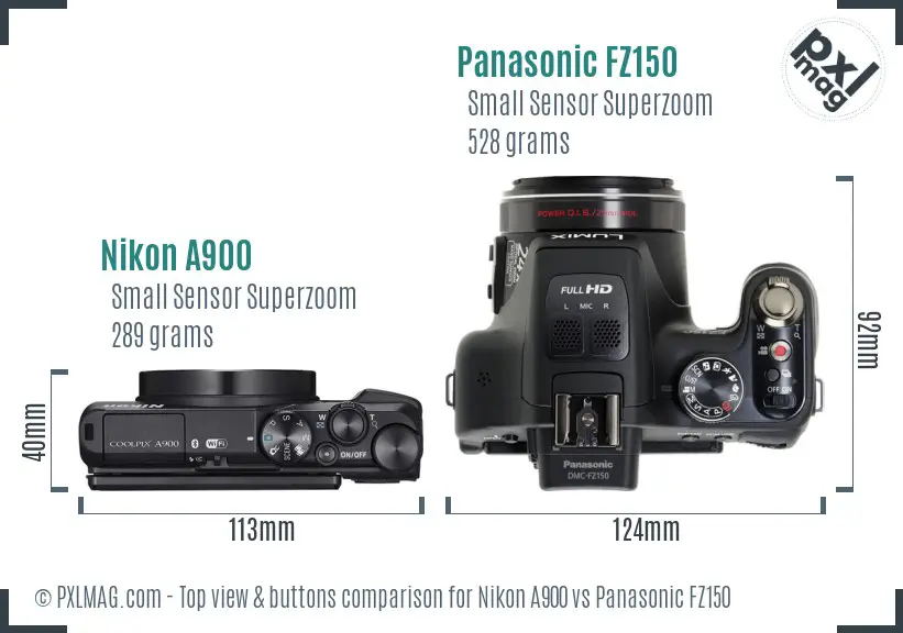 Nikon A900 vs Panasonic FZ150 top view buttons comparison Nikon A900 vs Panasonic FZ150 top view buttons comparison