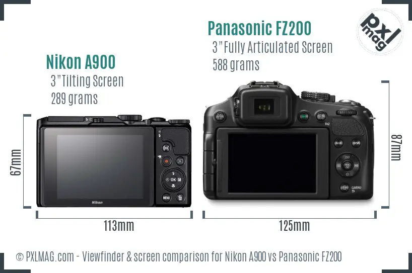 Nikon A900 vs Panasonic FZ200 Screen and Viewfinder comparison