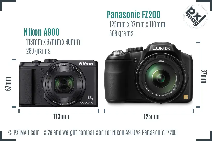 Nikon A900 vs Panasonic FZ200 size comparison