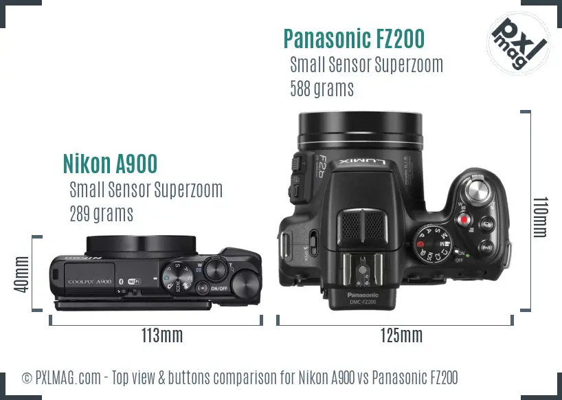 Nikon A900 vs Panasonic FZ200 top view buttons comparison