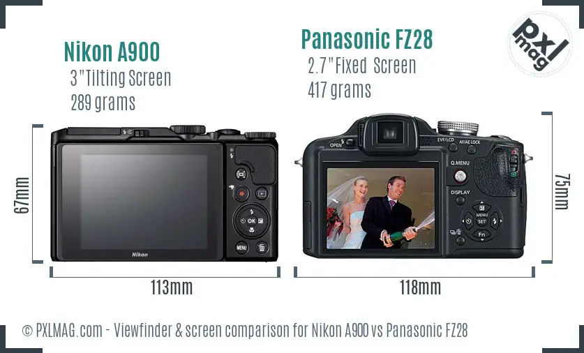 Nikon A900 vs Panasonic FZ28 Screen and Viewfinder comparison