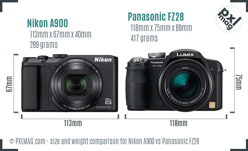Nikon A900 vs Panasonic FZ28 size comparison