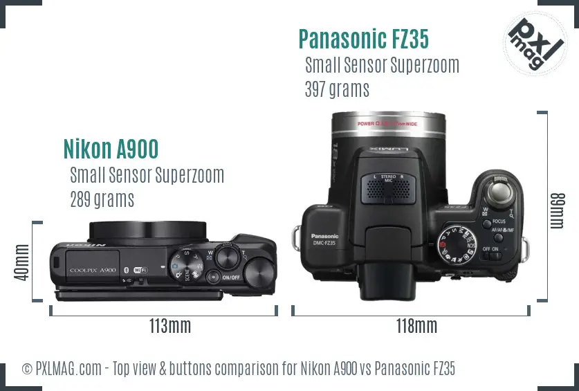 Nikon A900 vs Panasonic FZ35 top view buttons comparison