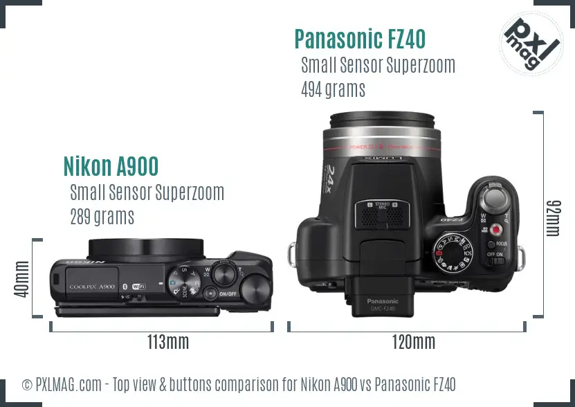 Nikon A900 vs Panasonic FZ40 top view buttons comparison