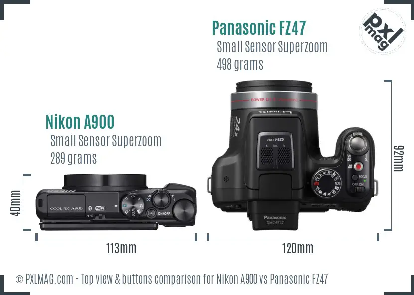 Nikon A900 vs Panasonic FZ47 top view buttons comparison