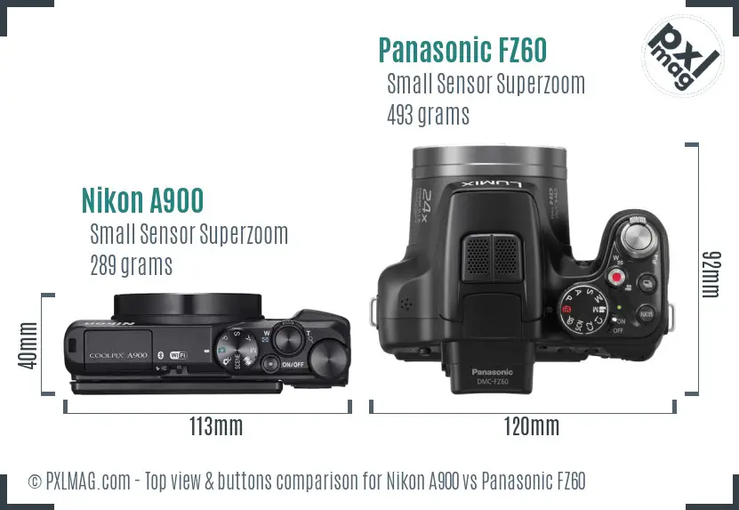 Nikon A900 vs Panasonic FZ60 top view buttons comparison