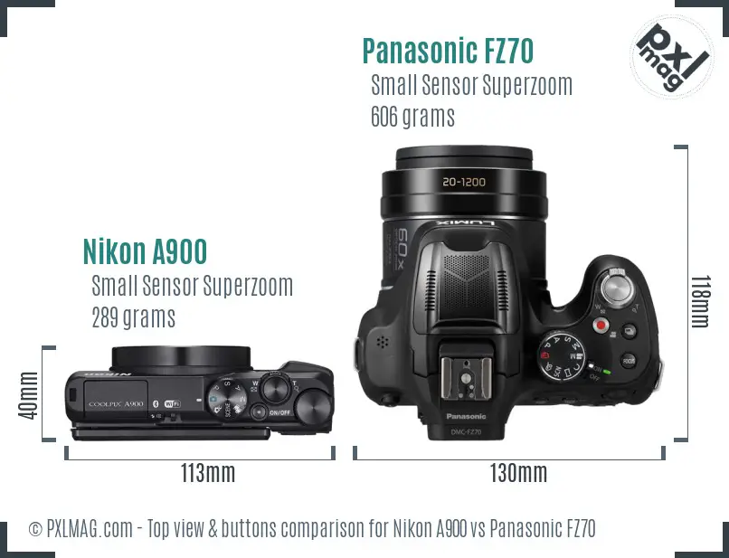 Nikon A900 vs Panasonic FZ70 top view buttons comparison