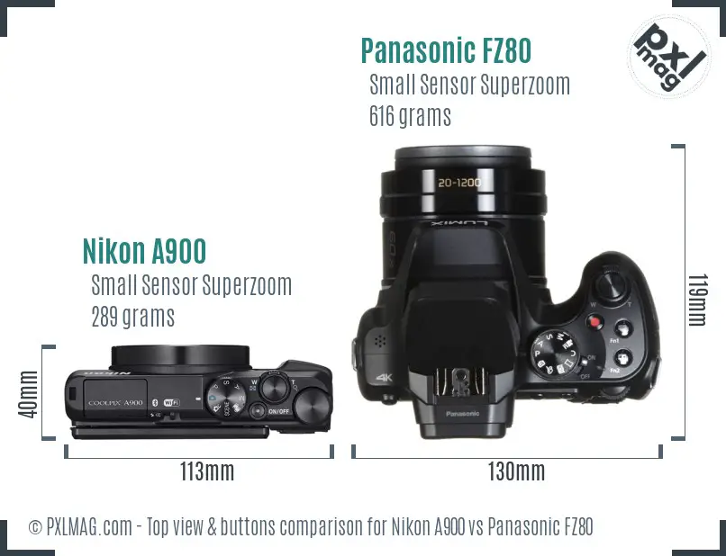 Nikon A900 vs Panasonic FZ80 top view buttons comparison