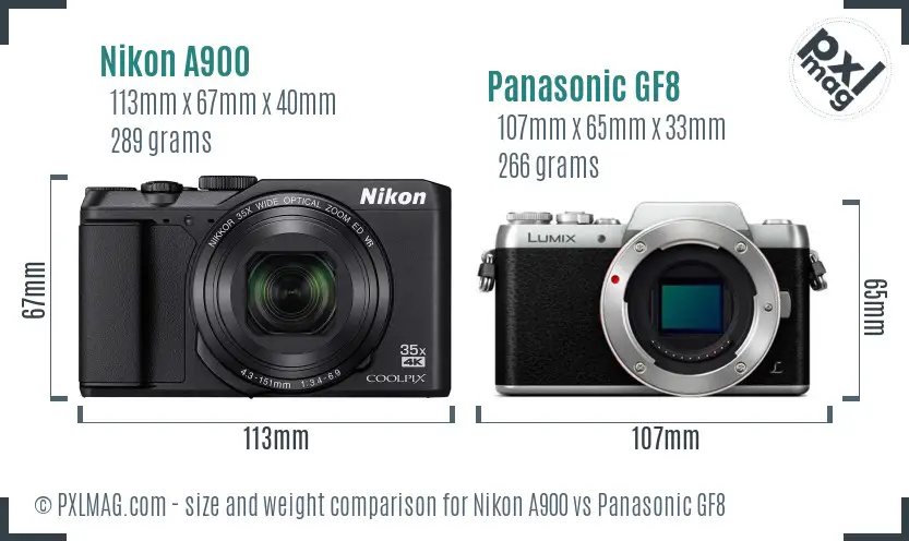 Nikon A900 vs Panasonic GF8 size comparison