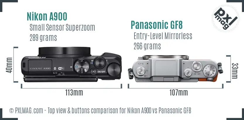 Nikon A900 vs Panasonic GF8 top view buttons comparison