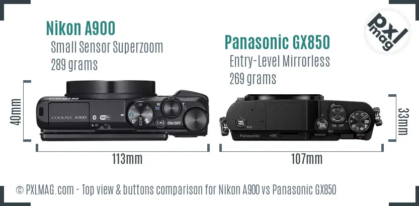 Nikon A900 vs Panasonic GX850 top view buttons comparison