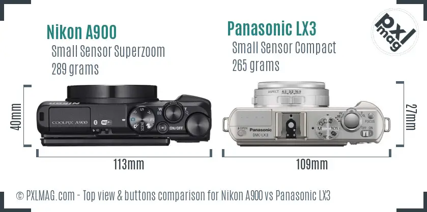Nikon A900 vs Panasonic LX3 top view buttons comparison