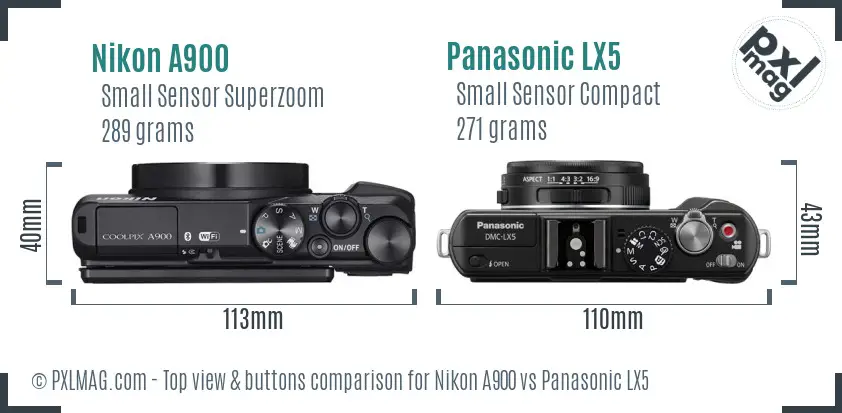Nikon A900 vs Panasonic LX5 top view buttons comparison