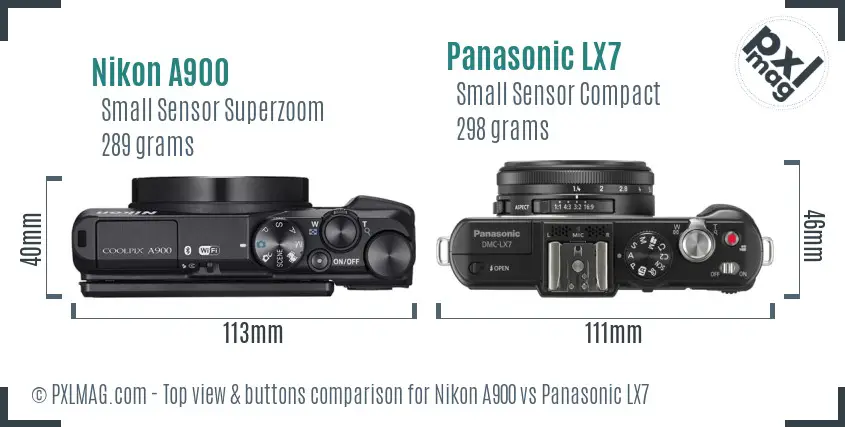 Nikon A900 vs Panasonic LX7 top view buttons comparison Nikon A900 vs Panasonic LX7 top view buttons comparison