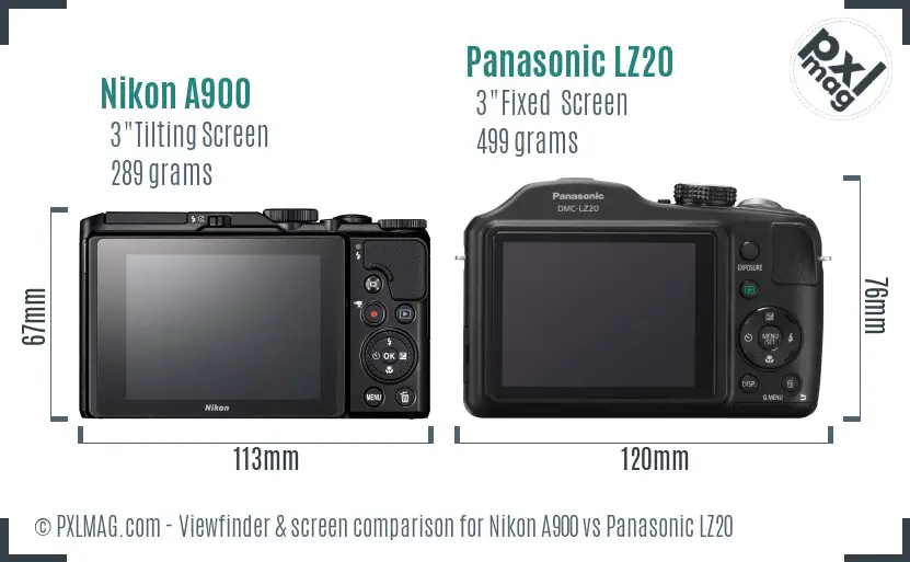Nikon A900 vs Panasonic LZ20 Screen and Viewfinder comparison