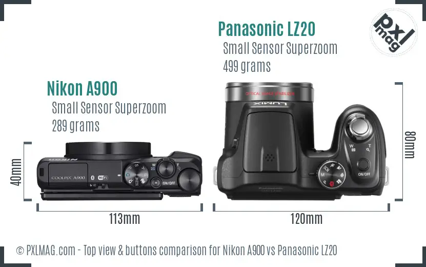 Nikon A900 vs Panasonic LZ20 top view buttons comparison