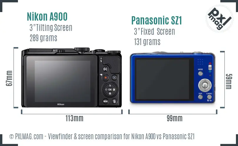 Nikon A900 vs Panasonic SZ1 Screen and Viewfinder comparison
