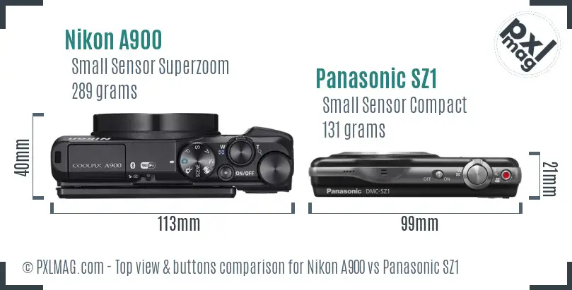 Nikon A900 vs Panasonic SZ1 top view buttons comparison