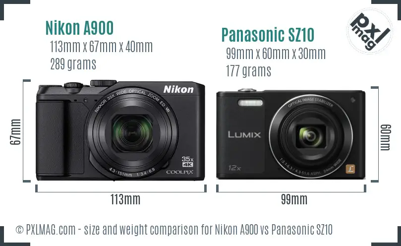 Nikon A900 vs Panasonic SZ10 size comparison
