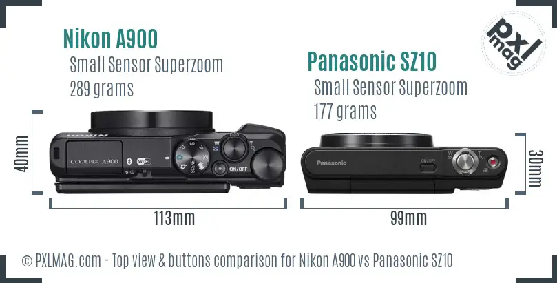 Nikon A900 vs Panasonic SZ10 top view buttons comparison