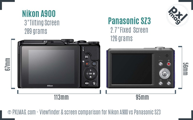 Nikon A900 vs Panasonic SZ3 Screen and Viewfinder comparison