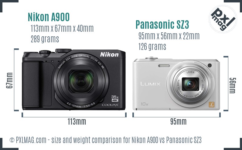 Nikon A900 vs Panasonic SZ3 size comparison