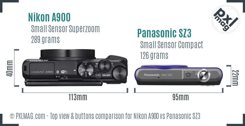Nikon A900 vs Panasonic SZ3 top view buttons comparison