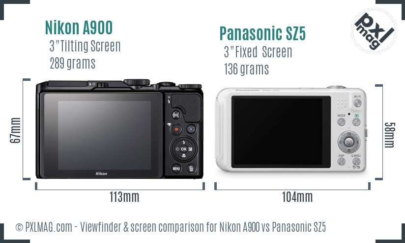 Nikon A900 vs Panasonic SZ5 Screen and Viewfinder comparison