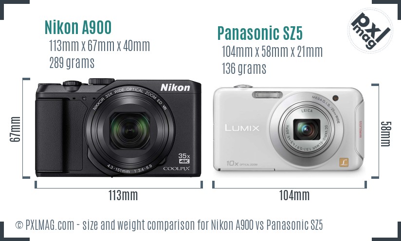 Nikon A900 vs Panasonic SZ5 size comparison Nikon A900 vs Panasonic SZ5 size comparison