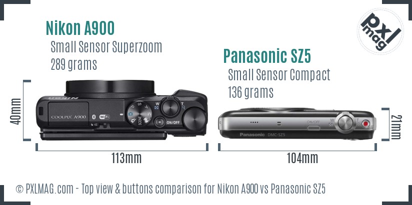 Nikon A900 vs Panasonic SZ5 top view buttons comparison