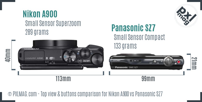 Nikon A900 vs Panasonic SZ7 top view buttons comparison