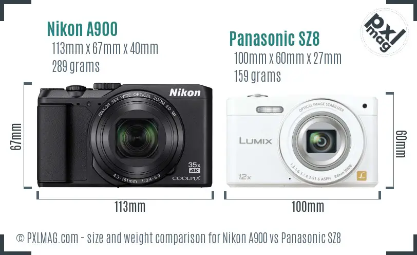 Nikon A900 vs Panasonic SZ8 size comparison
