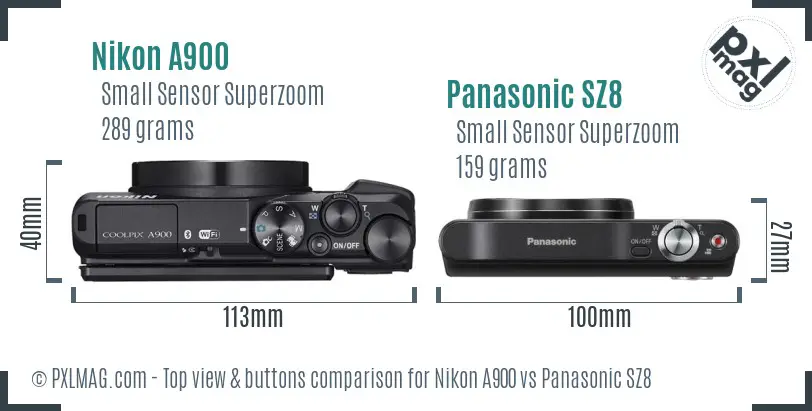 Nikon A900 vs Panasonic SZ8 top view buttons comparison