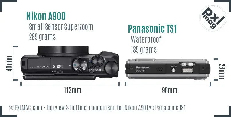 Nikon A900 vs Panasonic TS1 top view buttons comparison