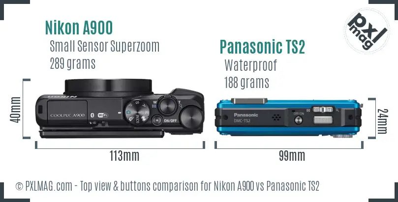 Nikon A900 vs Panasonic TS2 top view buttons comparison Nikon A900 vs Panasonic TS2 top view buttons comparison