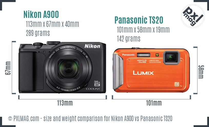 Nikon A900 vs Panasonic TS20 size comparison