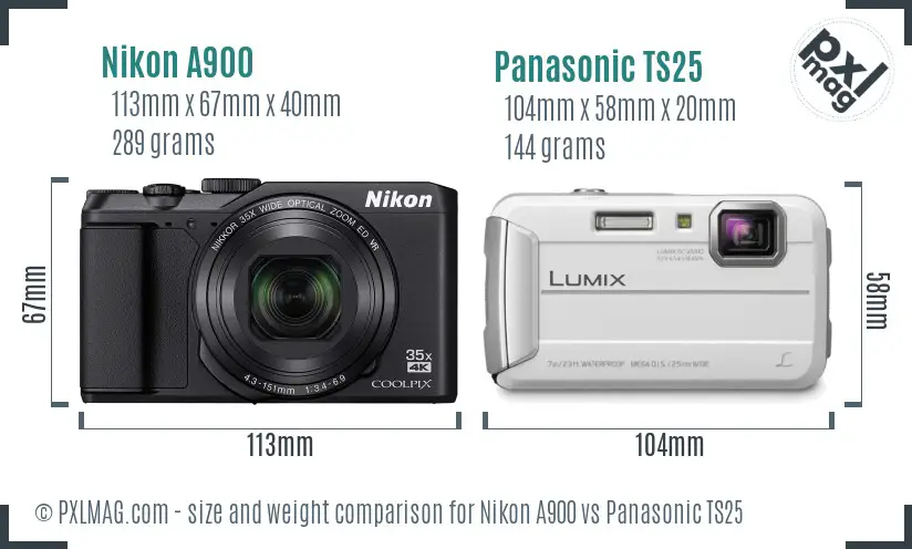 Nikon A900 vs Panasonic TS25 size comparison