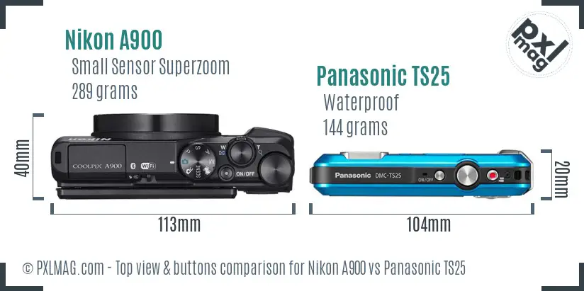 Nikon A900 vs Panasonic TS25 top view buttons comparison