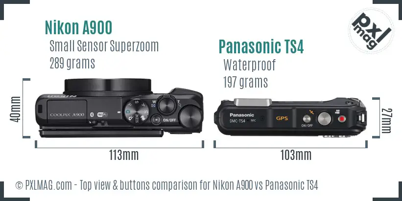 Nikon A900 vs Panasonic TS4 top view buttons comparison