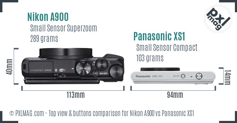 Nikon A900 vs Panasonic XS1 top view buttons comparison