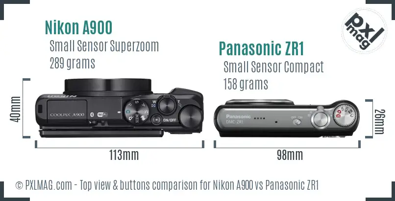 Nikon A900 vs Panasonic ZR1 top view buttons comparison