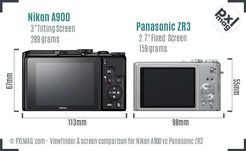 Nikon A900 vs Panasonic ZR3 Screen and Viewfinder comparison Nikon A900 vs Panasonic ZR3 Screen and Viewfinder comparison