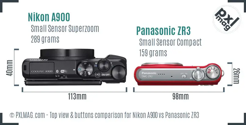 Nikon A900 vs Panasonic ZR3 top view buttons comparison Nikon A900 vs Panasonic ZR3 top view buttons comparison