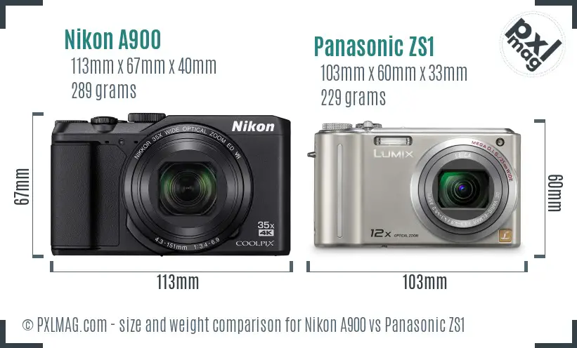 Nikon A900 vs Panasonic ZS1 size comparison