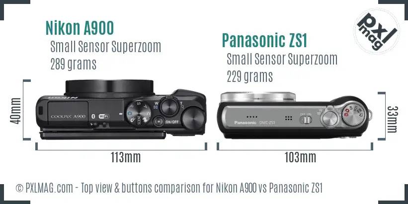 Nikon A900 vs Panasonic ZS1 top view buttons comparison