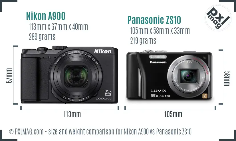 Nikon A900 vs Panasonic ZS10 size comparison