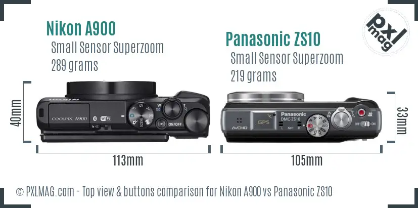 Nikon A900 vs Panasonic ZS10 top view buttons comparison